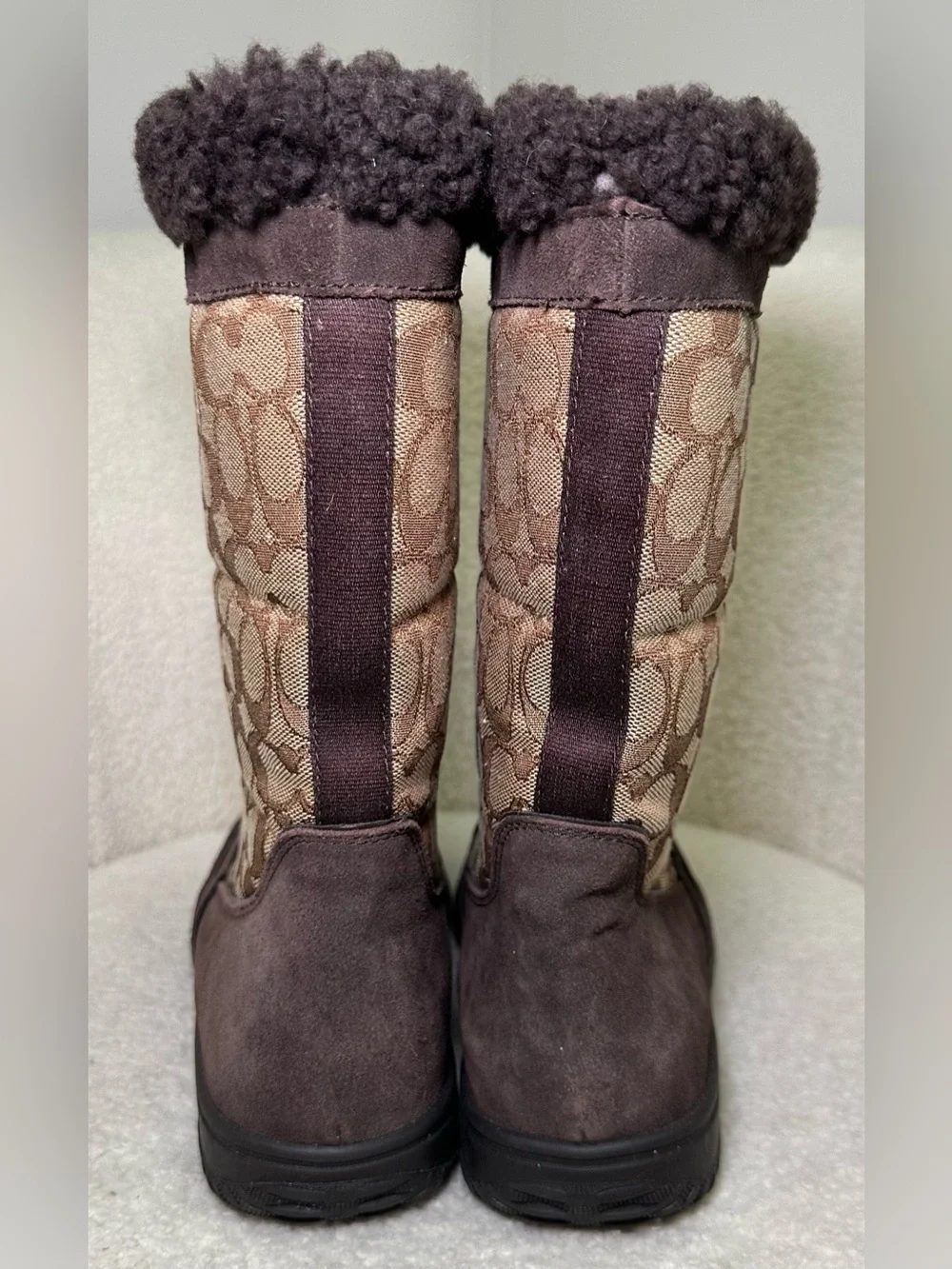 Coach Sherman Signature Logo Shearling Trim‎ Winter Snow Boots Brown Suede 8.5